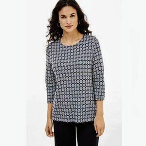 J. Jill Wearever Jacquard Look Ballet Sleeve Top Women's Size Large Blue Black